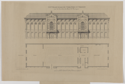 214936 Opstand van de voorgevel en plattegrond voor een nieuw te bouwen schouwburg te Utrecht.N.B. Het plan is niet ...